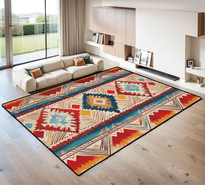 8x10 Area Rugs for Living Room Native American Indian Ornament Pattern Geometric Ethnic Textile Washable Large Area Rug for Bedroom Non Slip Outdoor Carpets Soft Mats Kitchen Home Office Decor