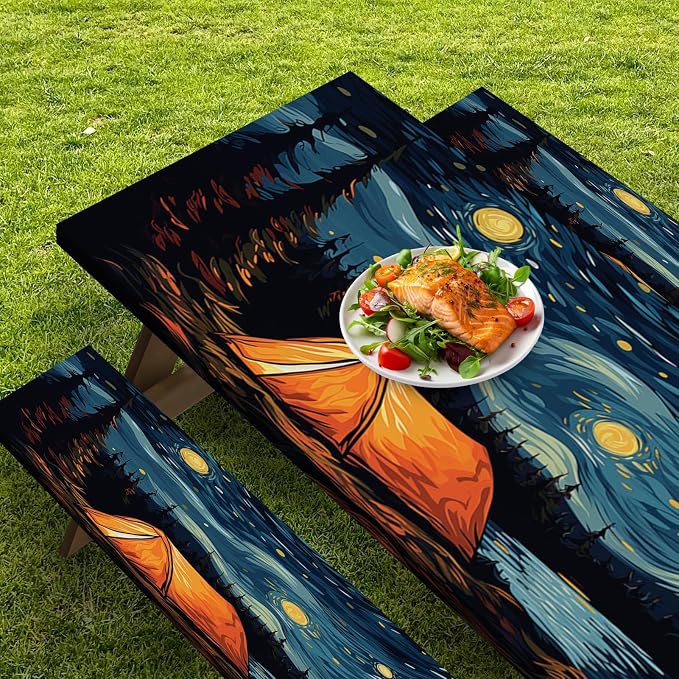 Picnic Table Cover with Bench Covers Elastic Edges, Art Camper Fitted Table Cover, Outdoor Patio Camping Essentials 72 Inch 3PCS, Waterproof Camping Fitted Tablecloth with Drawstring Bag