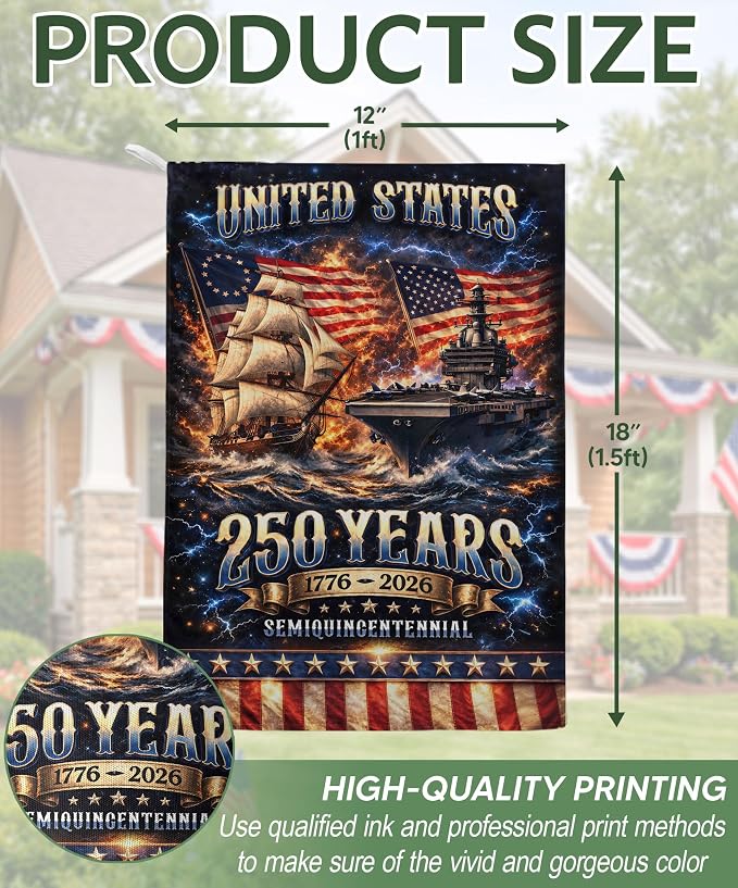 250 Year American Anniversary Flag, 250th Anniversary Patriotic Design, Garden Flags For Outside, Visible On Both Sides, 250 Years Of Freedom Flag, Banner Commemorative Outside Decoration 3 (12x18 Inch)