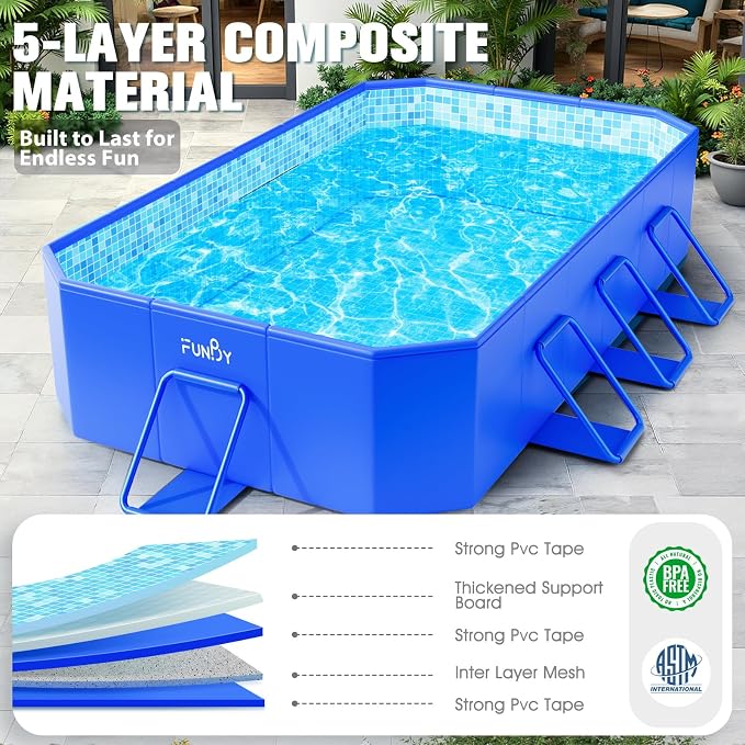FunBy Large Foldable Pool, Foldable Swimming Pool, Large Foldable Pool for Adults, Non-Inflatable Pool,Oversize Thickened Collapsible Pool, Kids Pool for Backyard,Mosaic Design 108"x68"x20"-Blue