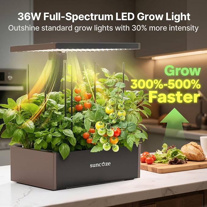 SUNCOZE Hydroponics Growing System 20 Pods, 25" Adjustable Height, 10L Tank | Indoor Garden with 30W Dimmable LED Grow Light, Water & Nutrient Reminder, Quiet Circulation Pump, Black&Brown