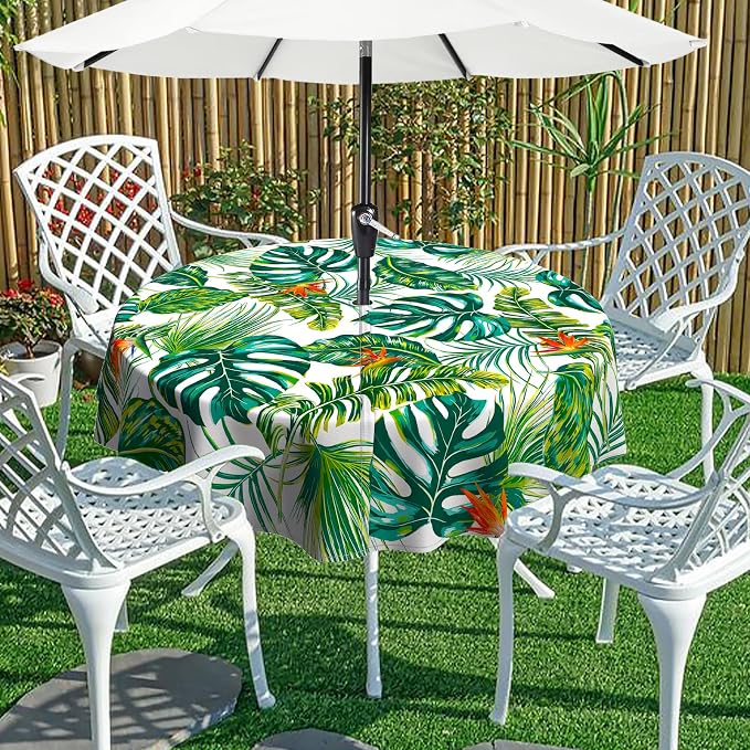 Green Leaves Outdoor Tablecloth with Umbrella Hole 60" x 60" Waterproof Zipper Table Cloth for Patio Table - Ideal Tablecloths for Picnics, Camping, and Yard Use