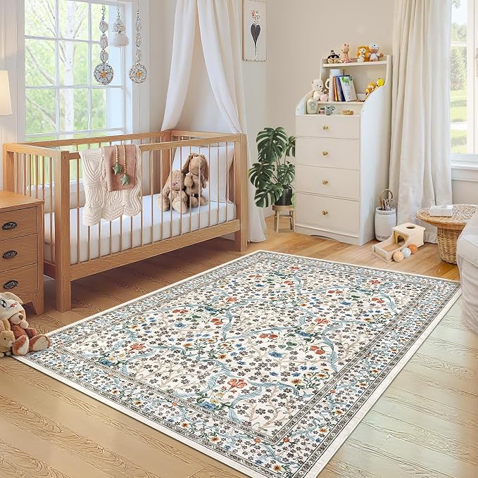 GarveeHome 4x6 Washable Area Rug for Living Room, Floral Large Entryway Kitchen Rug Non Slip, Ultra Soft Stain Resistance Carpet for Bedroom Laundry Room, Beige