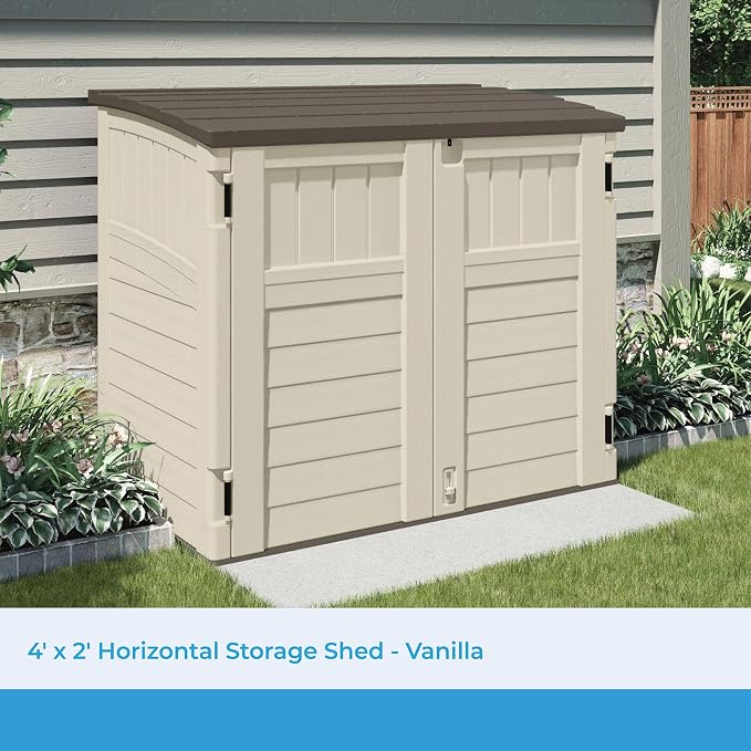 Suncast 3 Pack 34 Cu Ft Capacity Horizontal Outdoor Storage Shed for Garbage Cans, Garden Accessories, Backyard, and Patio Use, Vanilla