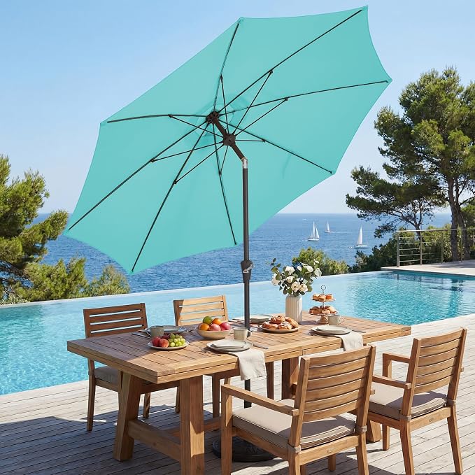 JEAREY 9FT Outdoor Patio Umbrella,Market Table Umbrella with 8 Fiberglass Ribs, Pool Umbrella with Tilt and Crank, UV Protection Lightweight & Wind-Resistant for Lawn, Garden, Deck and Backyard, Peacock Blue