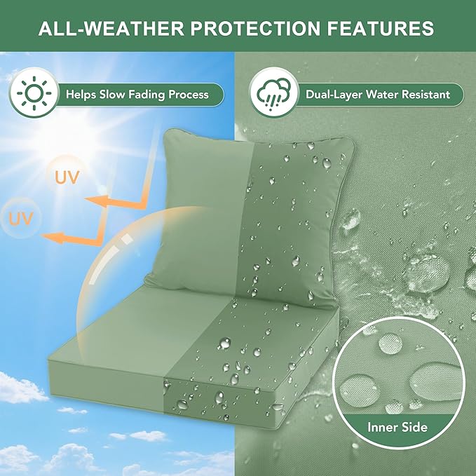 Summsun Waterproof Outdoor Patio Cushions with Removable Cover, Fade Resistant Back Pillow and Seat Cushion Set for Yard Porch Garden, 19 x 19 Inch, Sage Green, Set of 4