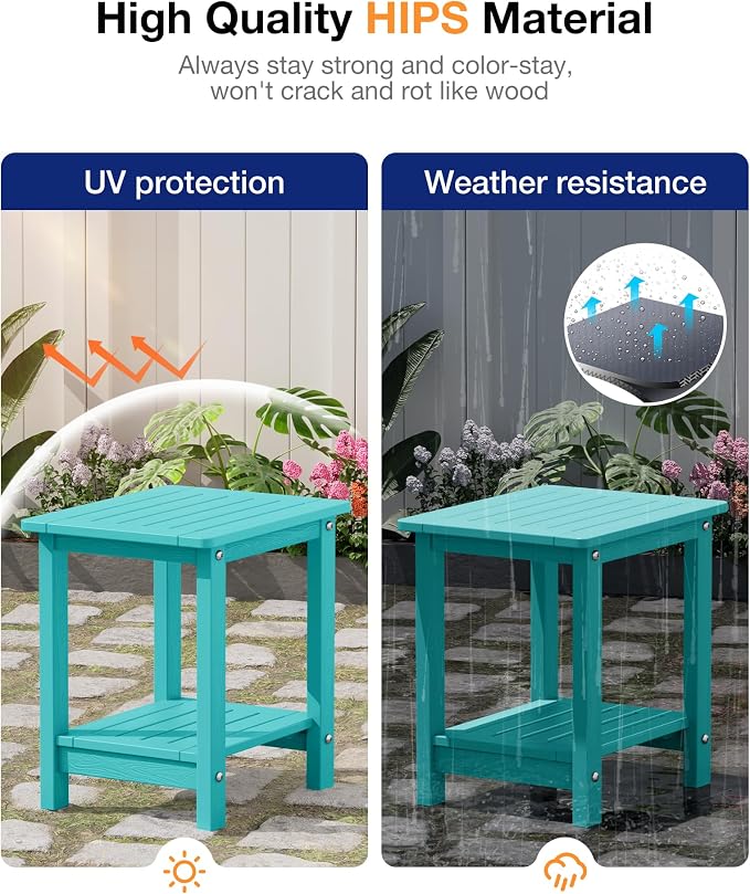 YEFU Outdoor Side Table for Patio: 16" HIPS Weather - Resistant Adirondack Tables Set of 2 - Small Square End Table for Backyard Living Room Bedroom - Indoor Outdoor Double Layer Table Aruba