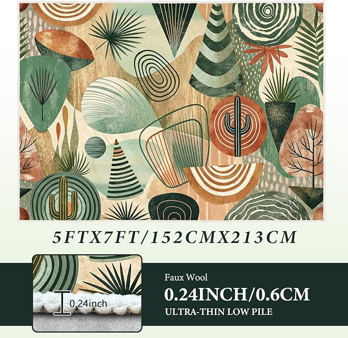 Green Area Rug 5x7, Green Boho Abstract Rug for Living Room, Irregular Geometric Design, Machine Washable Sage Green Rug, Stain Resistant,Low Pile, Non-Slip Backing,Bedroom Dining Room