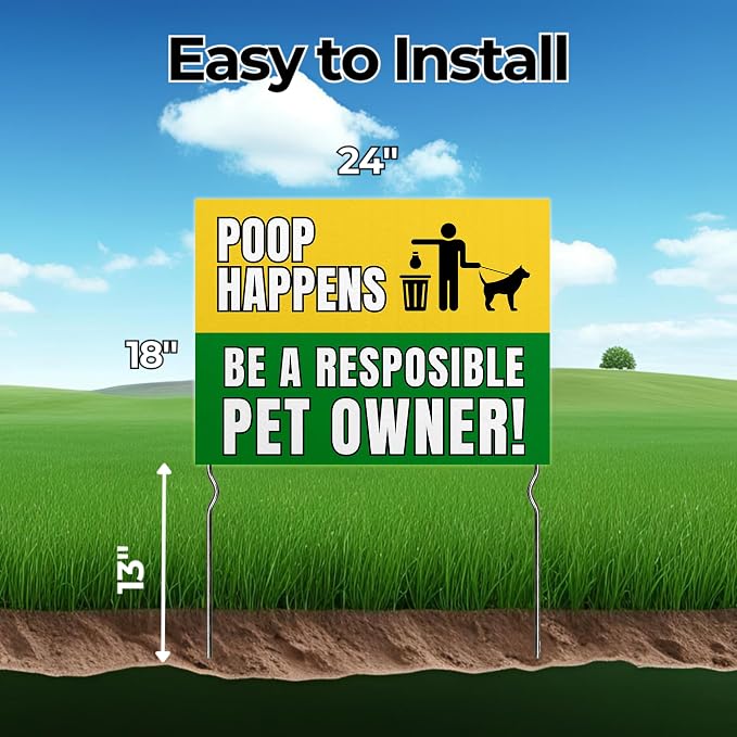 Poop Happens – Be a Responsible Pet Owner! Yard Sign by DC | 24"x18" Double Sided Pets Garden Sign with 13” Metal Stakes | Outdoor Signs Waterproof for Lawn, Patio, Sidewalk & House | Set of 1