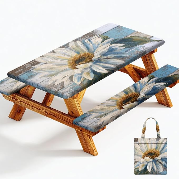 Picnic Table Cover with Bench Covers Elastic Edges, Outdoor Patio Camping Essentials 96 Inch 3PCS, Waterproof Camping Fitted Tablecloth with Handbags (Wood flower)