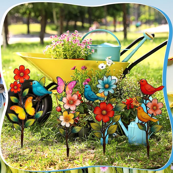4 Pack Garden Decor for Outside Metal Flowers Garden Stakes Spring Decor 15'' Decorative Colorful Flowers Birds Butterfly Yard Art Rust Proof Plant Sticks for Yard Lawn Pathway Patio Outside