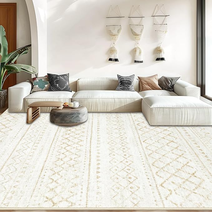 Area Rug for Living Room 10x12: Large Washable Boho Moroccan Rugs Geometric Neutral Rug, Non-Slip Foldable Morden Farmhouse Indoor Floor Carpet for Bedroom Dining Room Home Office（Beige,10'x12'）