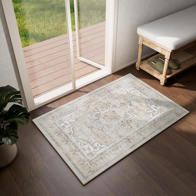 2x3 Washable Area Rugs for Entryway: Boho Small Rug Non Slip Door Mat Indoor Entrance Soft Low Pile Faux Wool Throw Rugs for Inside Front Door Floor Entry Bedroom Bathroom Kitchen Nursery Kids Room