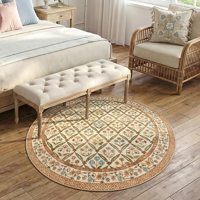 jinchan Round Rug 5ft Vintage Floral Washable Circle Area Rug, Terracotta | Soft & Lightweight, Checkered Floral, Low Pile, Non Slip, Bedroom, Living Room, Entryway, Girls Room, Reading Nook