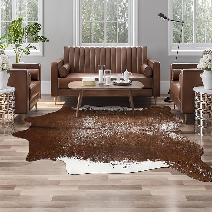 AROGAN Faux Cowhide Rug, Cow Print Large Animal Rug, 5.2x6.2 Ft Deep Brown | Premium Cow Hide Carpet, Western Rug for Bedroom Living Room Decor, Durable Faux Cow Skin Cowhide Area Rug