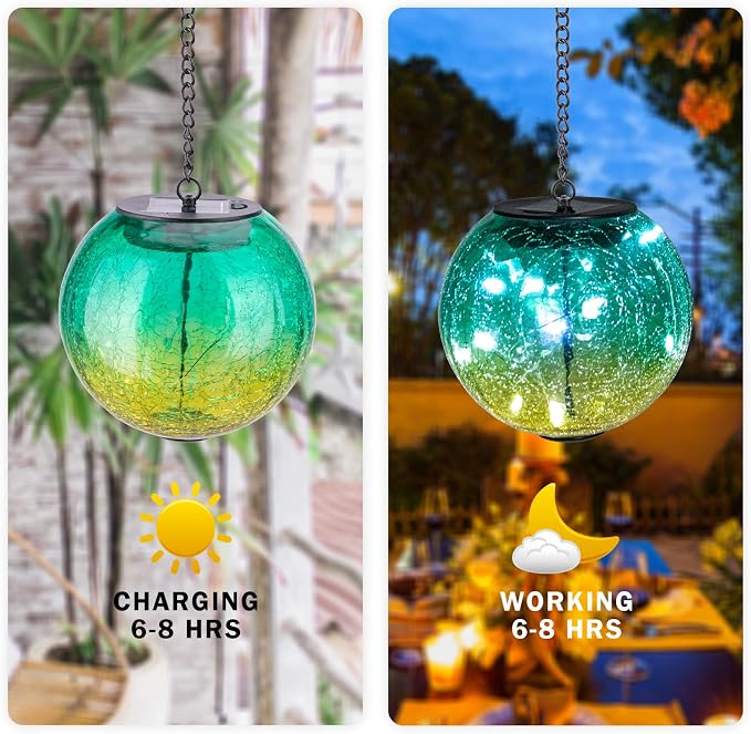 Mosaic Solar Hanging Lantern Green Glass Outdoor Waterproof Solar Lights | Hanging Solar Lights for Outside, Cracked Mosaic Ball Lights Solar Powered Waterproof Garden Lights Housewarming Gifts