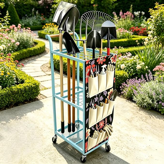 Garden Tool Organizer with Wheels 3 Tier Yard Tool Organizer Rack with Side Storage Pockets Sturdy Metal Steel Holder with 6 Hooks for Garage, Yard, Patio, Shed