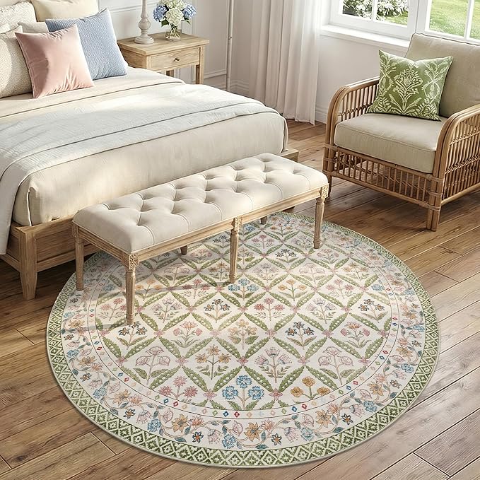 jinchan Round Rug 6ft Vintage Floral Washable Circle Area Rug, Sage Green | Soft & Lightweight, Checkered Floral, Low Pile, Non Slip, Bedroom, Dining Room, Living Room, Girls Room, Reading Nook