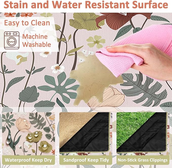 Floral Picnic Blankets Waterproof Foldable, 80″X80″ Extra Large Picnic Mat Boho Outdoor Blanket for Grass, Cute Packable Beach Blanket Sandproof Picnic Accessories for Camping Music Festival Park Lawn