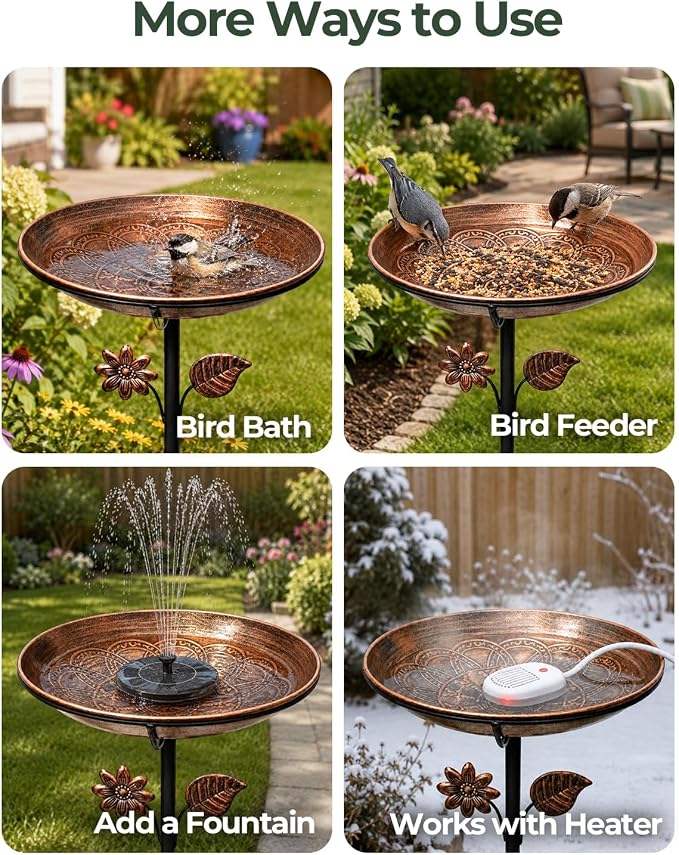 13" Metal Bird Bath for Outside | Rust-Resistant Outdoor Birdbath Bowl with Stake | Adjustable Height Garden Bird Bath, Removable Bowl,Easy to Clean for Yard Lawn Decor
