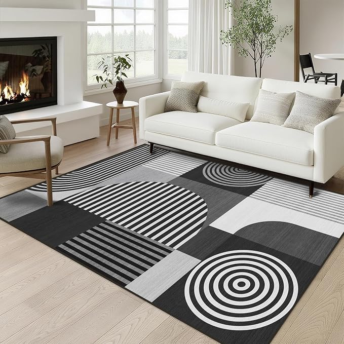 Grey Geometric Rug 3x5 for Bedroom Living Room Black White Mid Century Modern Rug Machine Washable Gray Minimalist Line Rugs Non Slip Low Pile Mat Indoor Floor Carpet for Bathroom Laundry