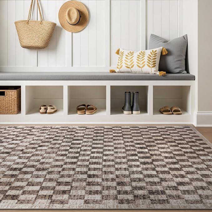 Rugshop Contemporary Checkered Grid Textured Area Rug Soft Beige 4' x 6' | Rectangular, Size 4' x 6', Living Room, Bedroom, Dining Room, Home Office, Kitchen, Entryway, Hallway, Nursery, Kids Room