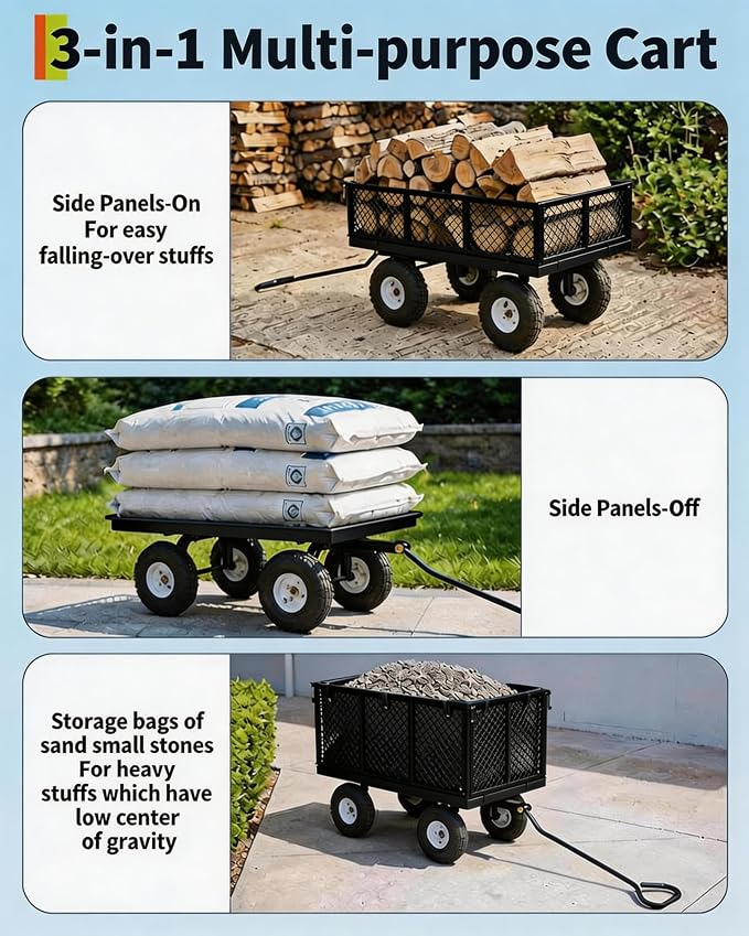 GarveeTech 400LBS Heavy Duty Steel Garden Cart, Garden Wagon Cart on Wheels, Metal Yard Utility Wagon with Removable Mesh Sides, 10" All Terrain Tires, 180° Rotating Handle for Lawn, Garden, Farm