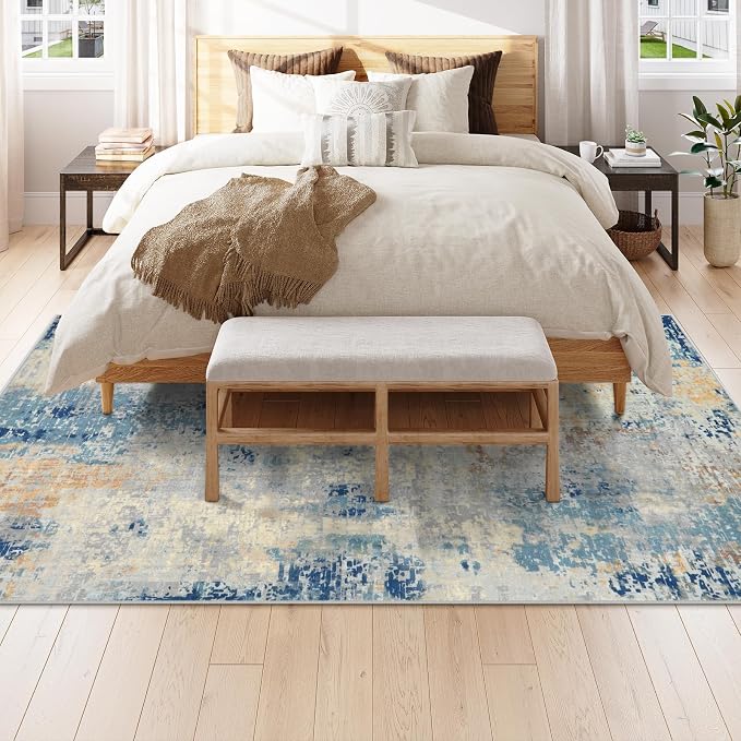 Lahome Modern Abstract 6x9 Area Rugs for Living Room, Washable Accent Bedroom Rug Low Pile Stain Resistant, Blue Soft Indoor Contemporary Carpet for Dining Room Table Apartment