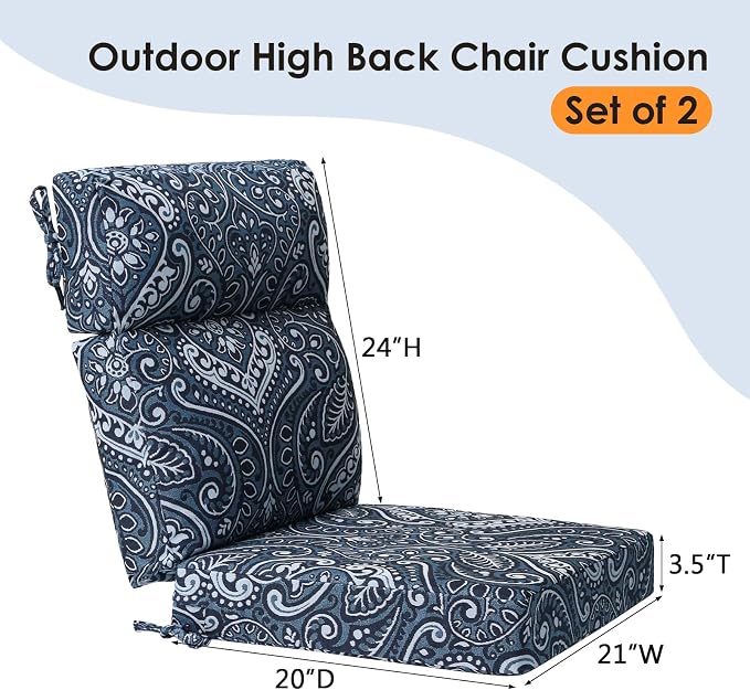 Unimatta Outdoor High Back Chair Cushion Seat Pads, 44 x 21 Inch Water-Repellent & Fade-Resistant Patio Furniture Cushions with Ties for Adirondack, Rocking Chairs, Damask Blue Flower