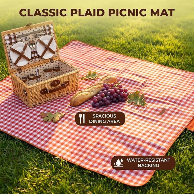 Multifunctional Wicker Picnic Basket Set for 4 Blanket Family Folding Wine Table,Insulated Portable Extra Big Storage Capacity Woven Rattan Canasta De Full Tablewares Camping Outdoor Flowers Star