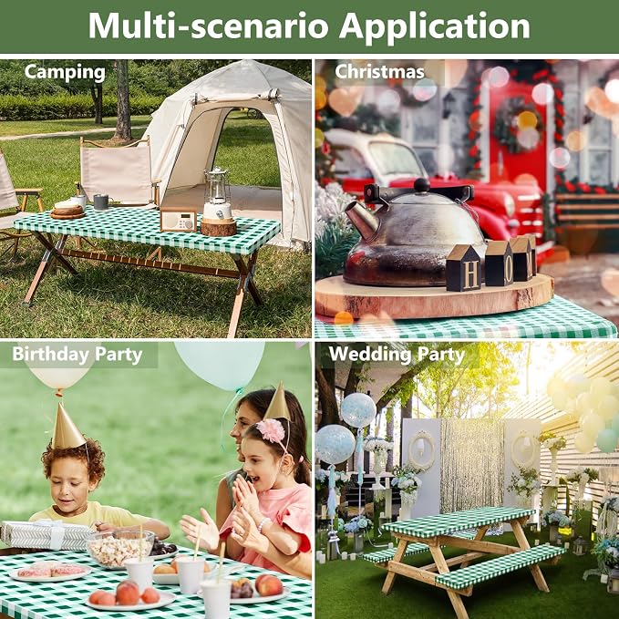 Picnic Table Cover with Bench Covers and Bag, Camping Table Camping Essentials Cover with Elastic Edges, 72x30 Inches 3 Pcs Set (Green)