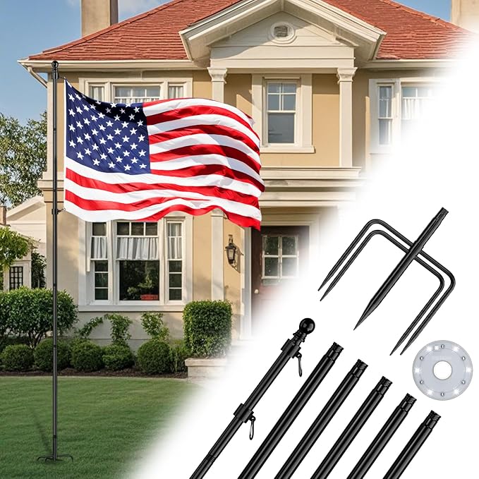 ZMTECH 7FT Flag Pole with 5 Pronges Base in Ground with Solar Light for Yard, Tangle Free Spinning Stainless Steel, Extra Thick Windproof Flag Poles for 4x6 USA Flag | Outside House & Garden Decor