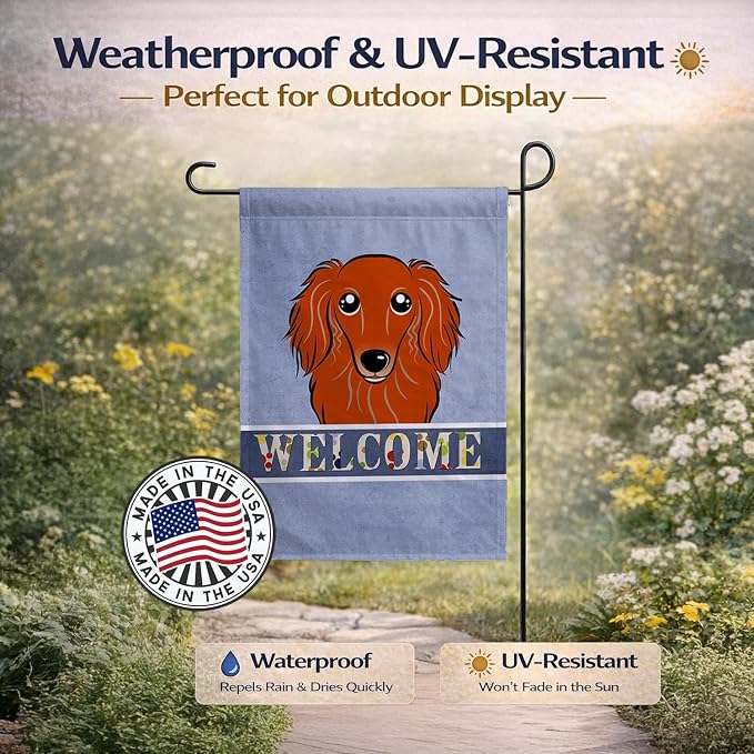 Caroline's Treasures BB1400GF Longhair Red Dachshund Welcome Garden Flag, Blue Mailbox Flag Decorative Yard Flag Banner Outside Patio Artwork Yard Flower Beds, Garden Size, Multicolor