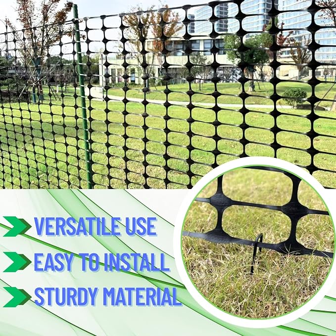 PotatoLife Plastic Mesh Fence, Extra Strength 4'x50' Roll with 50 Zip Ties, Resuable Temporary Netting for Garden Fencing, Snow Fencing, Animal Barrier, Poultry, Deer, Dog, Construction, Black