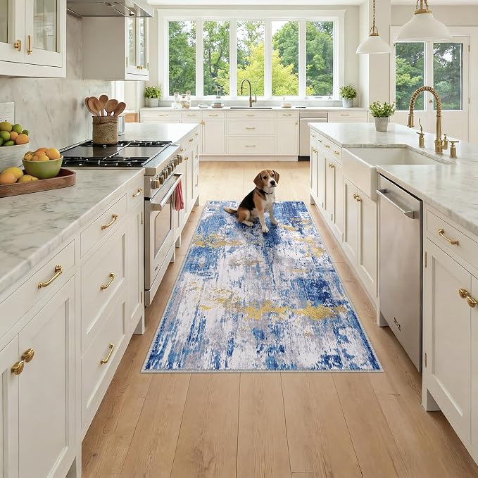 RELEANY Washable Runner 3'x6' Abstract Area Rug for Hallway Blue Gold | Carpet for Kitchen, Entryway, Bathroom, Living Room, Bedroom, Printed Pattern, Non‑Slip, Soft, Stain‑Resistant, Easy to Clean