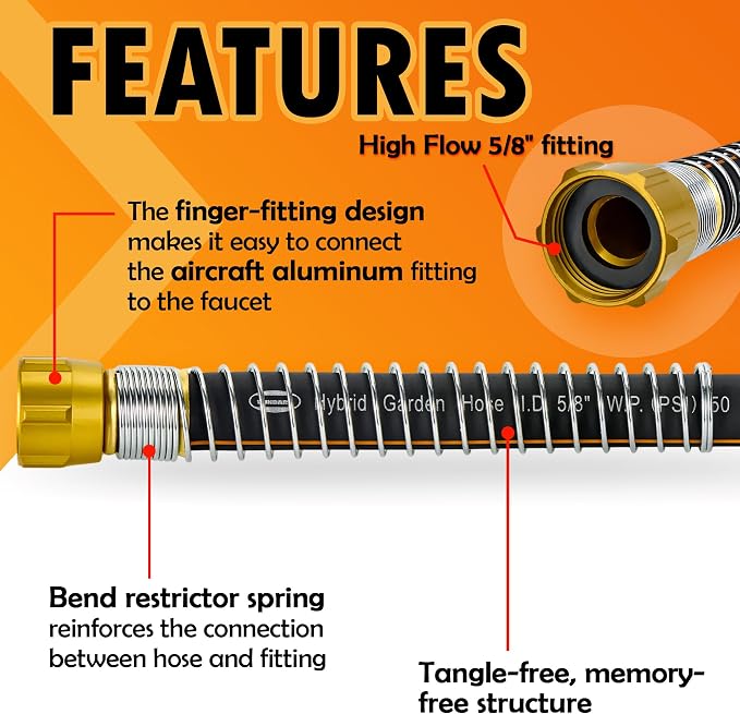 5/8 in. × 100 ft. High Flow Heavy Duty Garden Hose Flexible Hybrid Rubber Water Hose, No Memory Durable Premium Water Hose for Watering, Irrigation, Water Transfer Pump