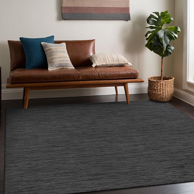 Beverly Rug Indoor Outdoor Rug 5x7, Washable Outside Carpet for Patio, Deck, Porch, Solid Modern Area Rug, Water Resistant, Dark Gray