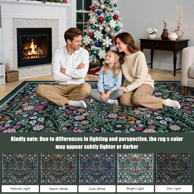 PLHXFR Area Rug 10x14 Living Room: Floral Washable Boho Carpet Dark Green | For Bedroom Dining Room Farmhouse Nursery Hallway,Vintage Floral,Machine washable,Non Slip,Stain Resistant,Large Indoor