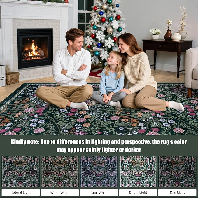 PLHXFR Area Rug 9x12 Living Room: Floral Washable Boho Carpet Dark Green | For Bedroom Dining Room Farmhouse Nursery Hallway,Vintage Floral,Machine washable,Non Slip,Stain Resistant,Large Indoor
