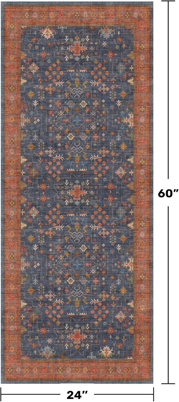 Navy Blue Runner Rug 2x5 for Hallway, Kitchen, Bathroom, Mudroom, Laundry Room, Washable Non Slip Non Skid Rubber Backing Low Pile Stain Resistance