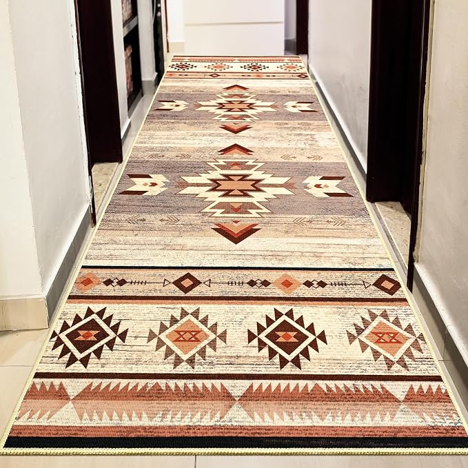 BENRON Western Hallway Runner Rug 2x8, Long Runners for Kitchen, Warm Beige | Southwest aztec Rug, Accent and Tribal Throw Rugs for Bedroom, Washable