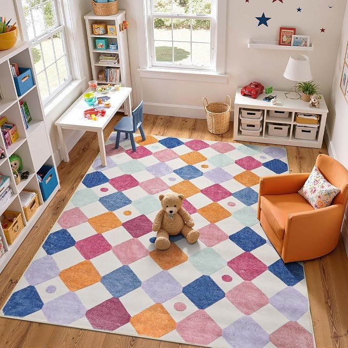 jinchan 6x9 Classroom Rug Washable Kids Rug Colorful Playroom Mat Berries | Soft, Non-Slip, Cute, Kid-Friendly, Checkered Diamond Design, Cream Background, Nursery, Living Room, Bedroom, Dorm, Daycare