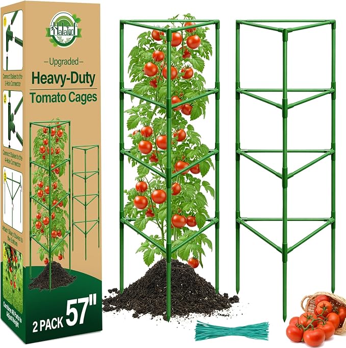 Halatool 57" Tall Tomato Cages, 2 Pack Heavy Duty Plant Support for Garden | Metal Stakes for Raised Beds and Pots, Adjustable Foldable Trellis for Cucumbers, Peppers, Flowers, and Climbing Plants