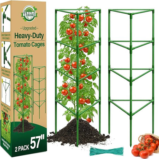 Halatool 57" Tall Tomato Cages, 2 Pack Heavy Duty Plant Support for Garden | Metal Stakes for Raised Beds and Pots, Adjustable Foldable Trellis for Cucumbers, Peppers, Flowers, and Climbing Plants