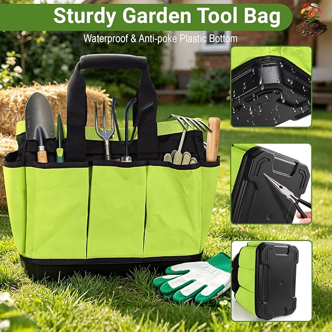 Garden Tool Bag with Waterproof Plastic Base, Heavy Duty Oxford Garden Tote Caddy with 8 Pockets, Standable Home Tool Kits Organizer for women and men (Tools are not included)