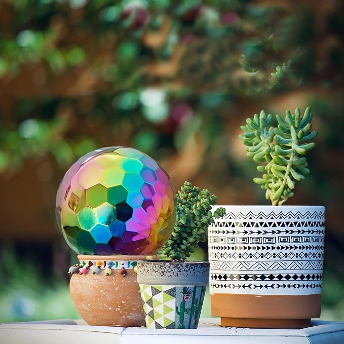 10 inch 304 Stainless Steel Gazing Ball Sculptures Diamond Ball Decoration Mirror Hollow Decor Ball Reflective Garden Sphere Hollow Metal Ball Ornament Statues Gazing Globe for Home Garden (Rainbow)