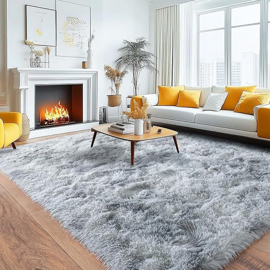 8x10 Area Rugs for Living Room, Large Ultra Fluffy Fuzzy Shag Rug for Bedroom, Modern Plush Soft High Pile Upgrade Non-Slip Carpet for Kids Girls and Boys Room Decor, Tie-Dyed White Grey