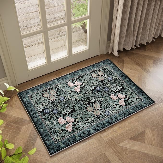 Washable Entryway Area Rugs 2x3 Black Green Vintage Floral Botanical Pattern,Perfect for Soft Door Mat Indoor Entrance, Ultra-Thin Easy Clean Small Throw Carpet for Bedroom Bathroom
