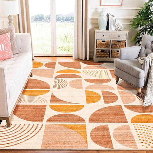 Area Rug 6x9,Washable Rugs Non Slip Modern Abstract Boho Large | Throw Carpet for Living Room Bedroom Dining Room Soft Low Pile Floor Indoor Bohemian Orange