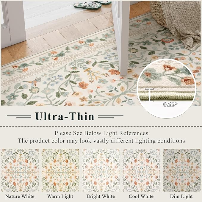 Lahome Beige Floral Washable Area Rug 9x12, Extra Large Botanical Carpet | Non Slip Carpet for Living Room Dining Room, Low-Pile Soft Rug for Bedroom Office, Home Decor